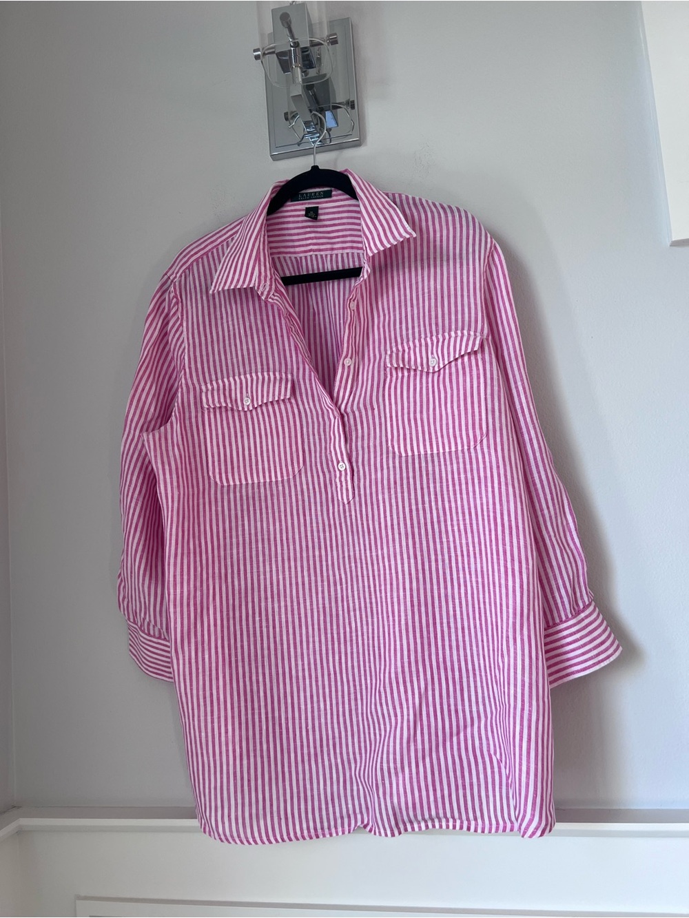Ralph Lauren Pink and White Striped linen Button-Front Tunic shirt XL